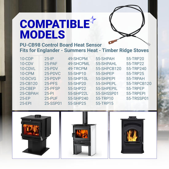 PU-CB98 control board heat sensor compatibility chart for Englander, Summers Heat, and Timber Ridge pellet stoves.