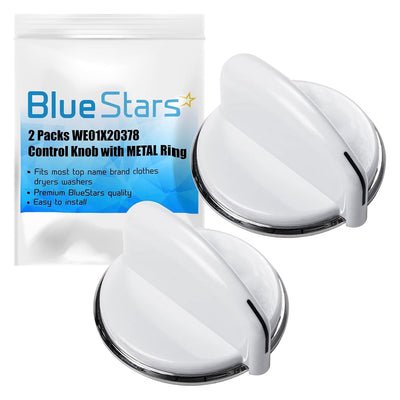 Two white WE01X20378 control knobs with metal rings and branded packaging for GE dryers and washers.
