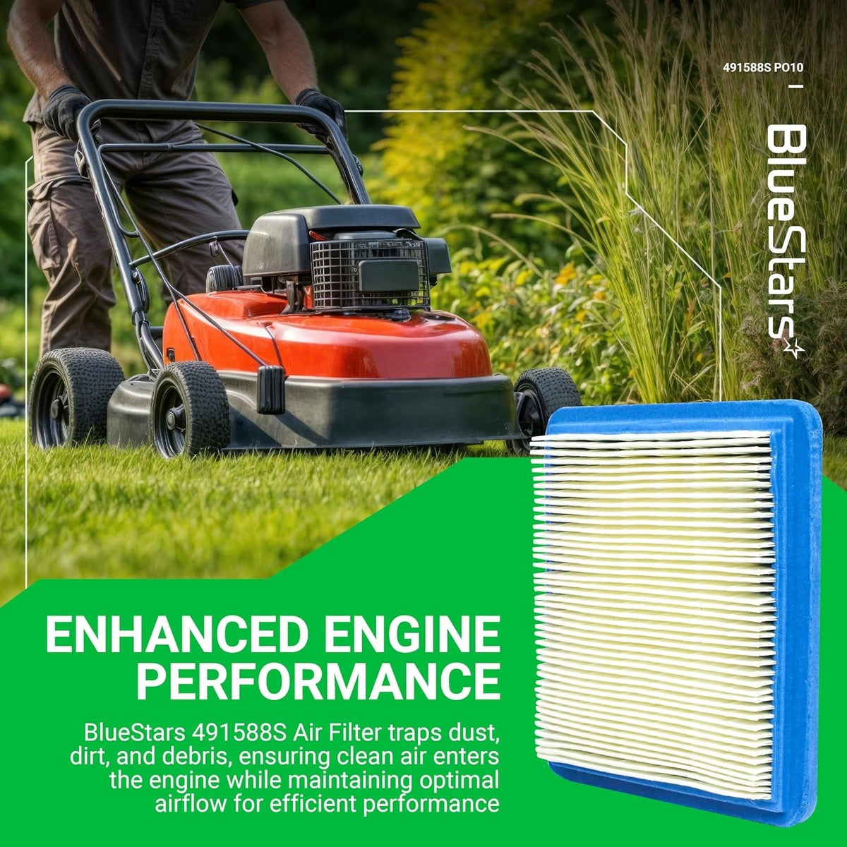491588S flat air filter cartridge for push lawn mowers shown with a lawn mower in the background.