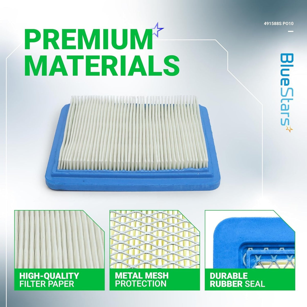 491588S lawn mower air filter showing filter paper, metal mesh protection, and rubber seal construction details.