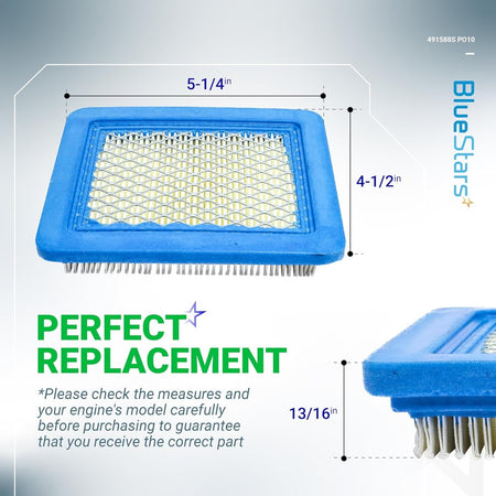491588S lawn mower air filter showing dimensions of 5-1/4 by 4-1/2 by 13/16 inches for compatibility verification.