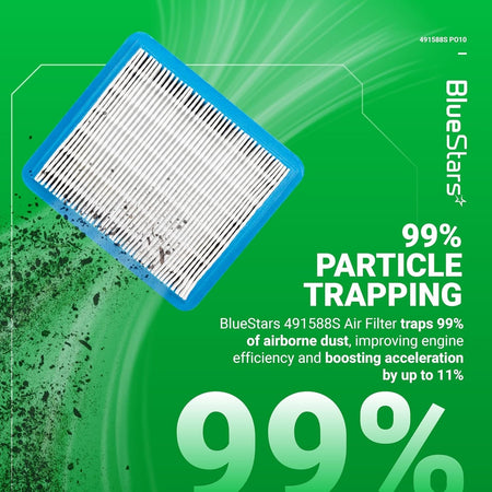BlueStars 491588S flat air filter cartridge for lawn mowers, highlighting 99% particle trapping efficiency.