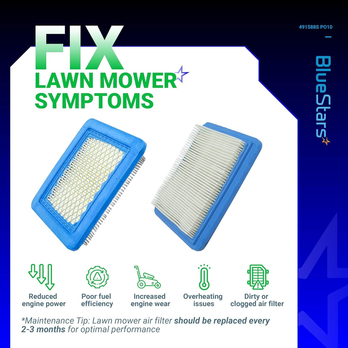 Two 491588S flat air filter cartridges shown from front and back with lawn mower maintenance symptom icons.
