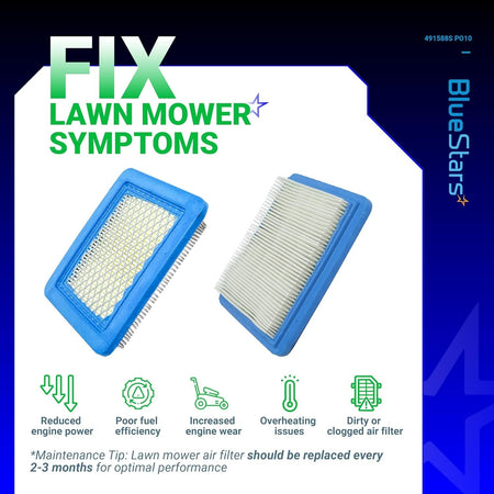 Two 491588S flat air filter cartridges shown from front and back with lawn mower maintenance symptom icons.