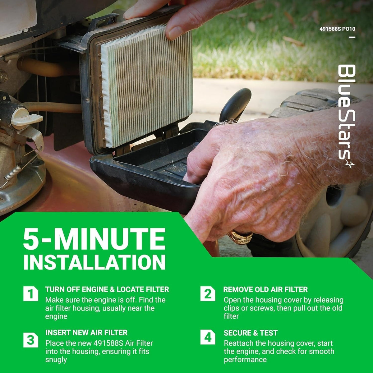 Hands installing a 491588S flat air filter cartridge into a lawn mower housing with 5-minute installation instructions.