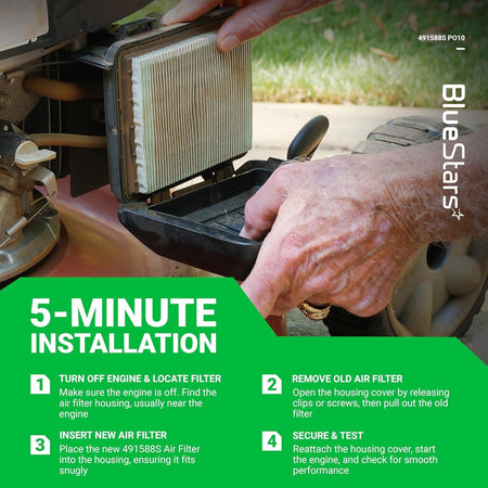 Hands installing a 491588S flat air filter cartridge into a lawn mower housing with 5-minute installation instructions.