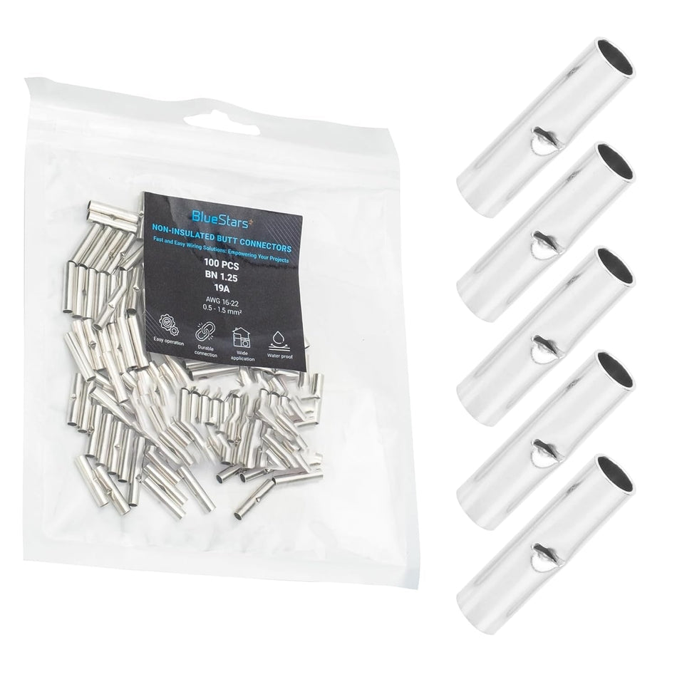 100 PCS Non-Insulated Butt Connectors, Butt Splice Connectors