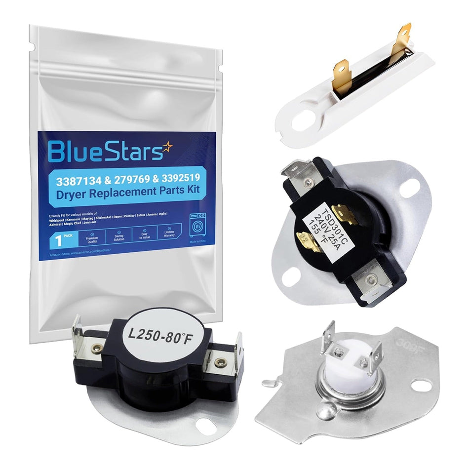 279769 Dryer Thermal Cut-Off Kit, 3387134 Dryer Thermostat and 3392519 Dryer Thermal Fuse