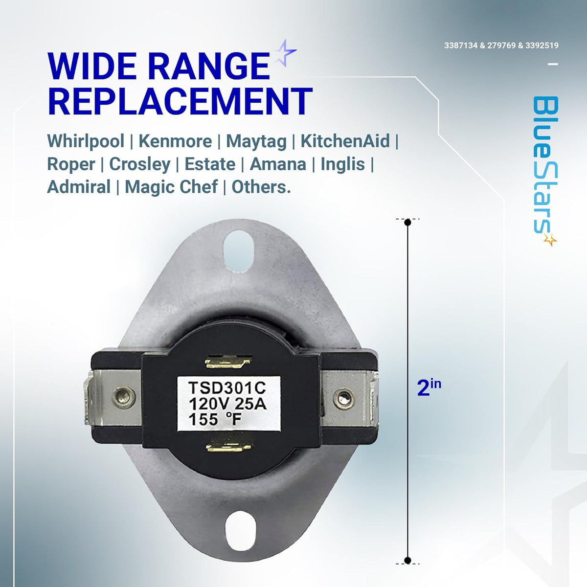 Dryer thermal thermostat 3387134 replacement part with 2-inch measurement detail for Whirlpool and Kenmore dryers.