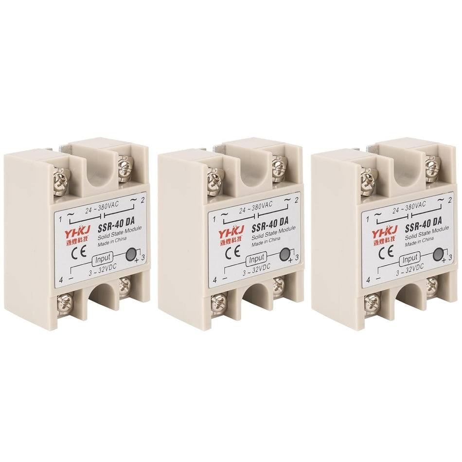 Solid State Relay SSR-40DA DC to AC Input 3-32VDC Output 24-380VAC 40A Single Phase Semi-Conductor Relay Module - Pack of 3 - Control 3-32V DC Load 24-380V AC
