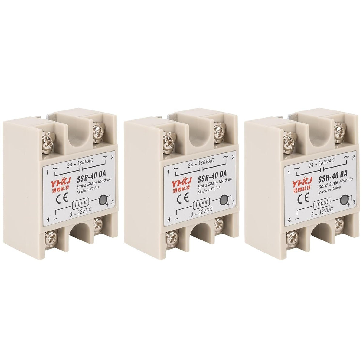 Set of three SSR-40DA solid state relay modules with 3-32VDC input and 24-380VAC output.