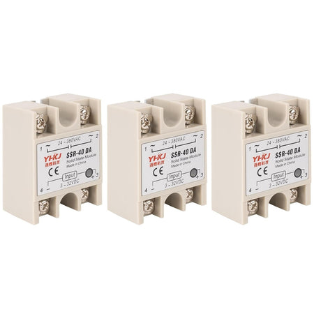 Set of three SSR-40DA solid state relay modules with 3-32VDC input and 24-380VAC output.