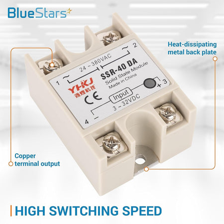 Single SSR-40DA solid state relay module with copper output terminals and heat-dissipating metal back plate.