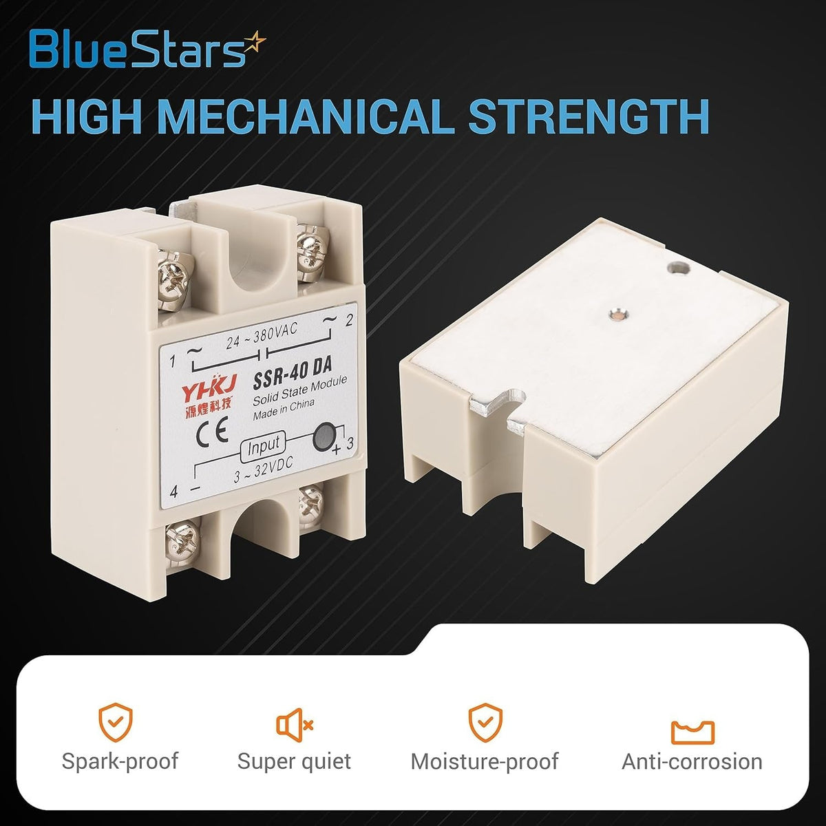 Two SSR-40DA solid state relay modules showing front label and metal base plate details.