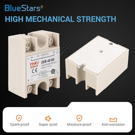 Two SSR-40DA solid state relay modules showing front label and metal base plate details.