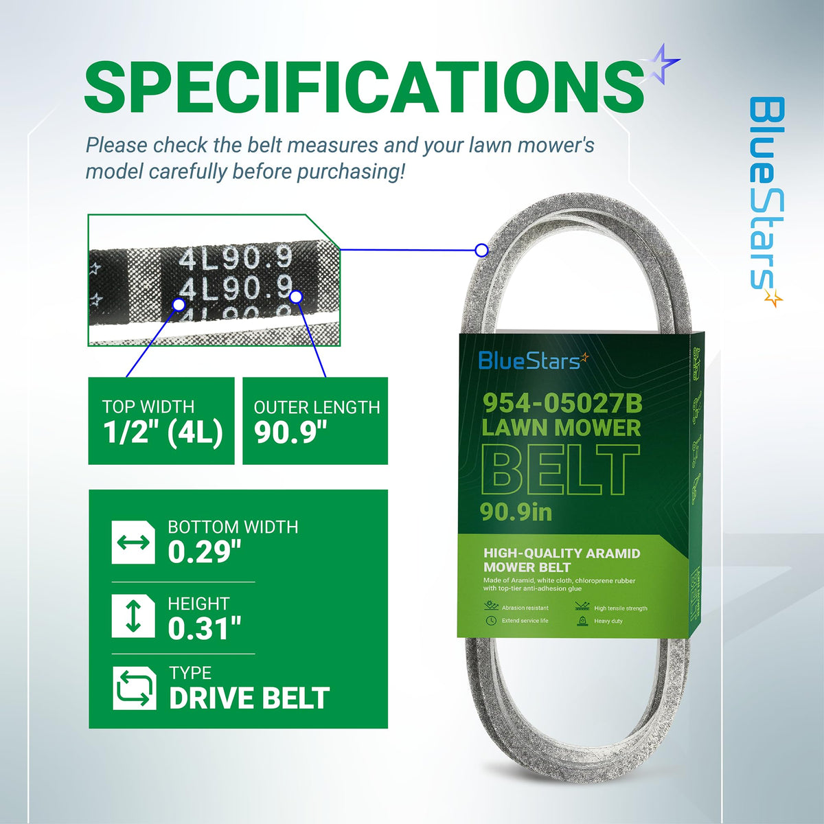 Specification chart for 954-05027B lawn mower drive belt showing dimensions, material, and compatibility details.
