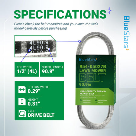 Specification chart for 954-05027B lawn mower drive belt showing dimensions, material, and compatibility details.