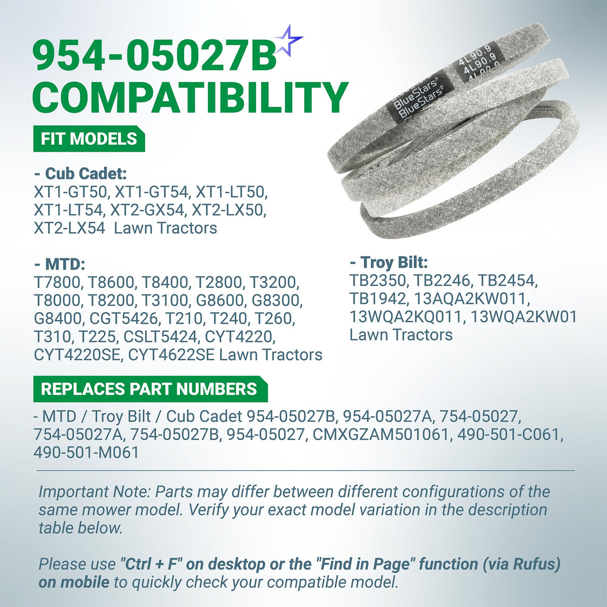 954-05027B drive belt compatibility chart for MTD, Cub Cadet, and Troy-Bilt lawn tractors.