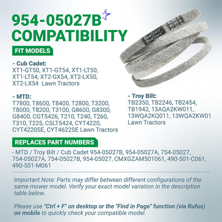 954-05027B drive belt compatibility chart for MTD, Cub Cadet, and Troy-Bilt lawn tractors.