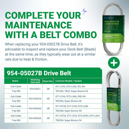 954-05027B drive belt and 954-05021 deck belt maintenance combo chart for Cub Cadet lawn mowers.