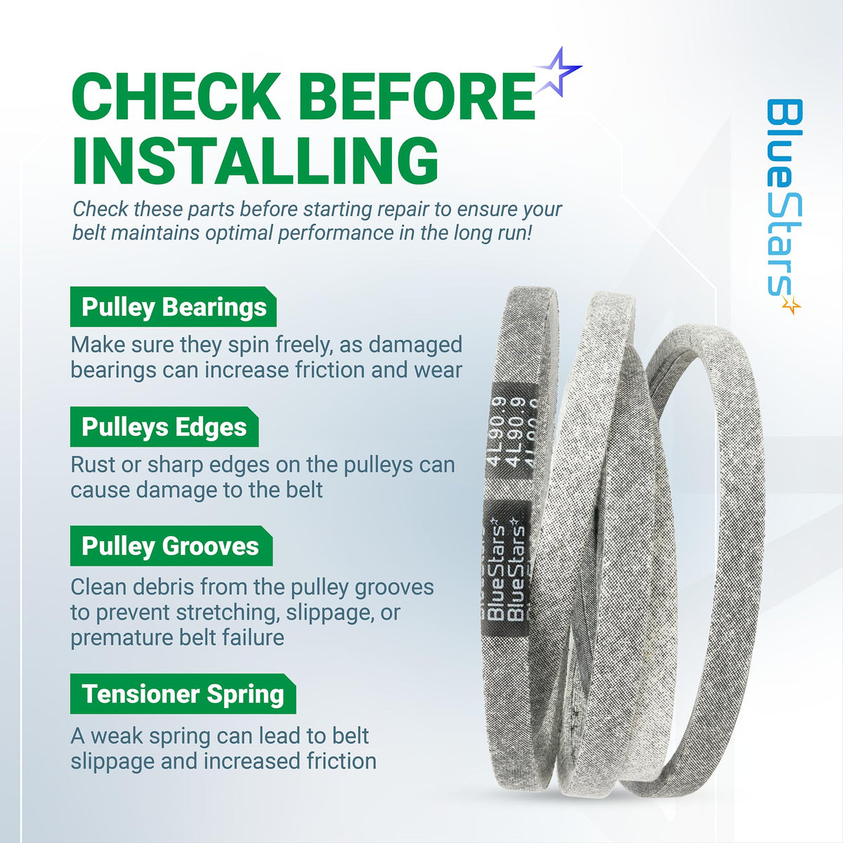 Informational graphic for 954-05027B drive belt installation tips and pulley maintenance checklist.