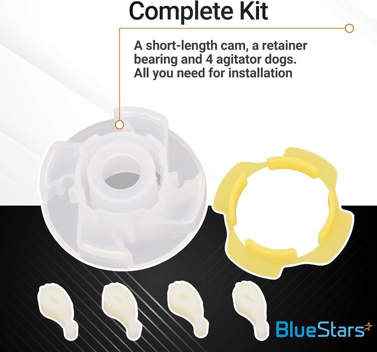 285809 washer agitator repair kit including short cam, retainer bearing, and four agitator dogs for Whirlpool washers.