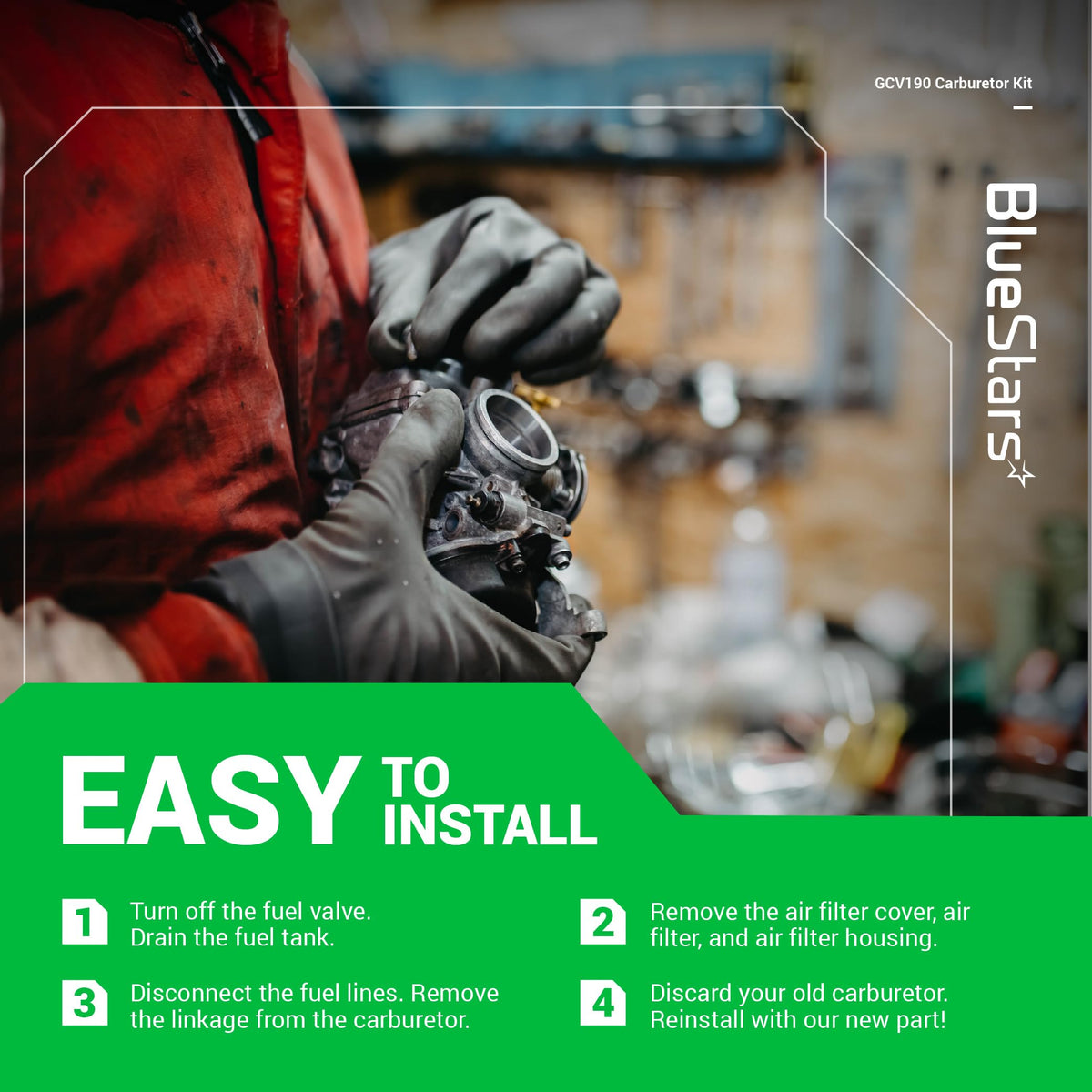 Mechanic holding a GCV190 lawn mower carburetor with easy installation instructions displayed.