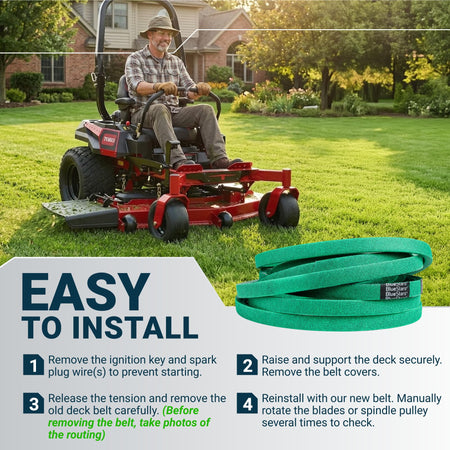 Green replacement mower deck belt with installation instructions for a Toro zero-turn lawn mower.