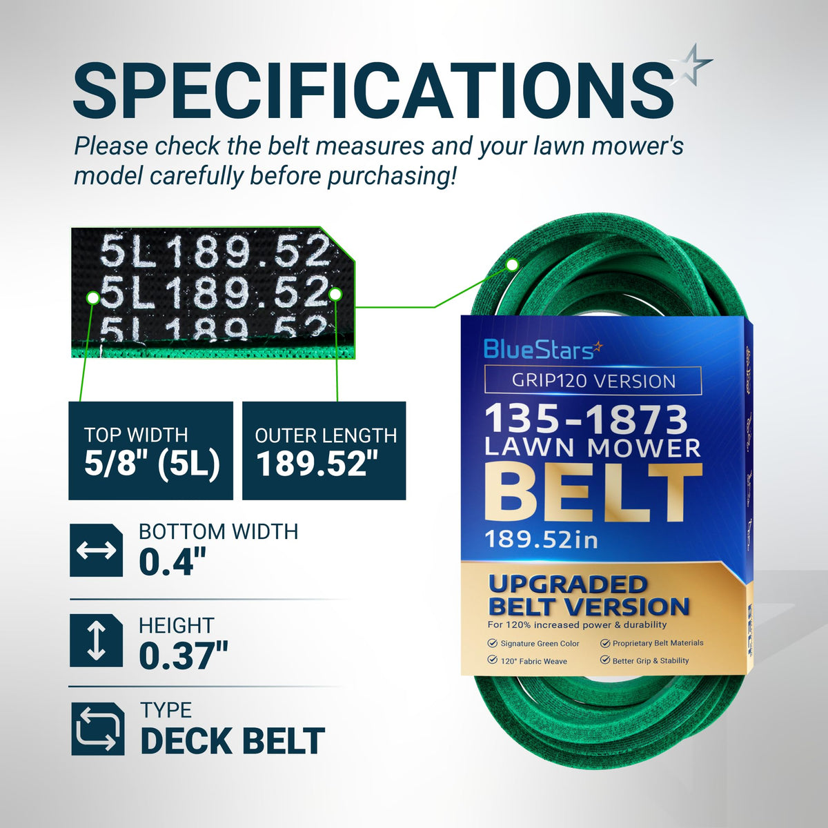 Infographic showing specifications and dimensions for 135-1873 lawn mower deck belt with 189.52-inch outer length.