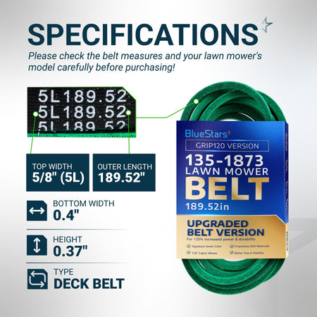 Infographic showing specifications and dimensions for 135-1873 lawn mower deck belt with 189.52-inch outer length.