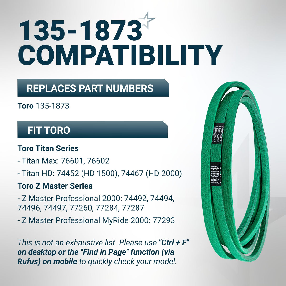 Green replacement drive belt for Toro Titan and Z Master mowers, compatible with part number 135-1873.