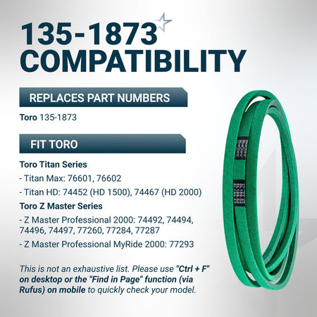 Green replacement drive belt for Toro Titan and Z Master mowers, compatible with part number 135-1873.