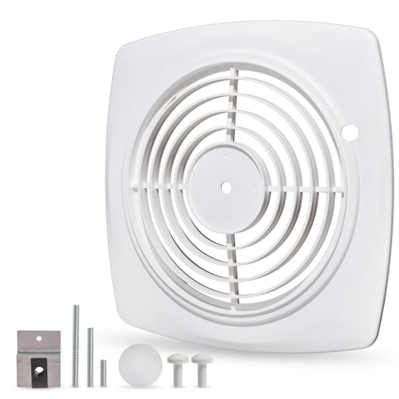 White 11.5-inch bathroom exhaust fan cover replacement for Nutone Broan wall fans with included mounting hardware.