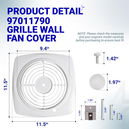 Dimensional diagram of 97011790 bathroom exhaust fan cover with grille, mounting hardware, and measurements.