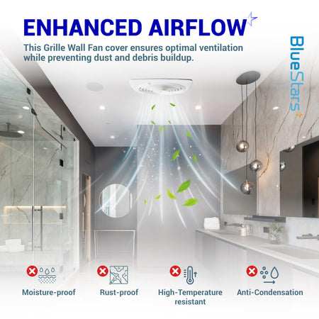 Bathroom exhaust fan cover installed in a ceiling, demonstrating enhanced airflow and ventilation features.