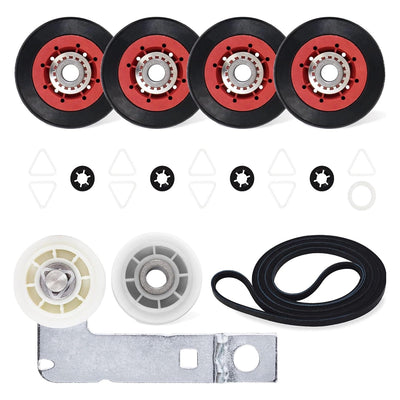 Dryer repair kit with four red idler pulleys, white wheels, metal bracket, drive belt, and hardware for Whirlpool dryers.