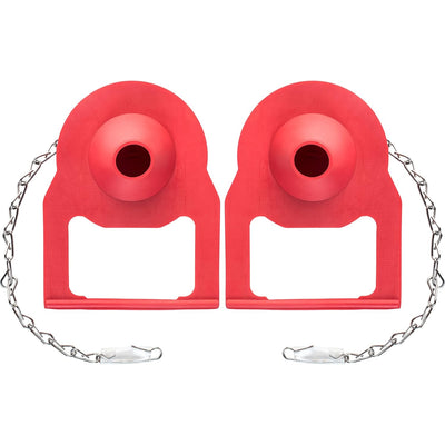 Two red replacement toilet flappers with metal chains, compatible with Kohler toilets.