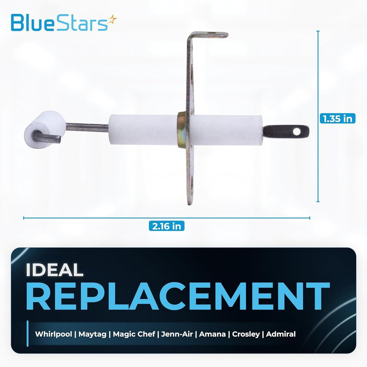 Single 74004053 range top burner igniter with dimensions shown for Whirlpool and Maytag stoves.