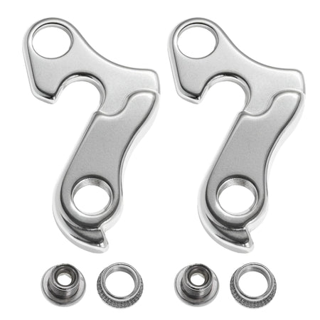 Two aluminum alloy bicycle derailleur hangers with mounting bolts for mountain and road bike frames.