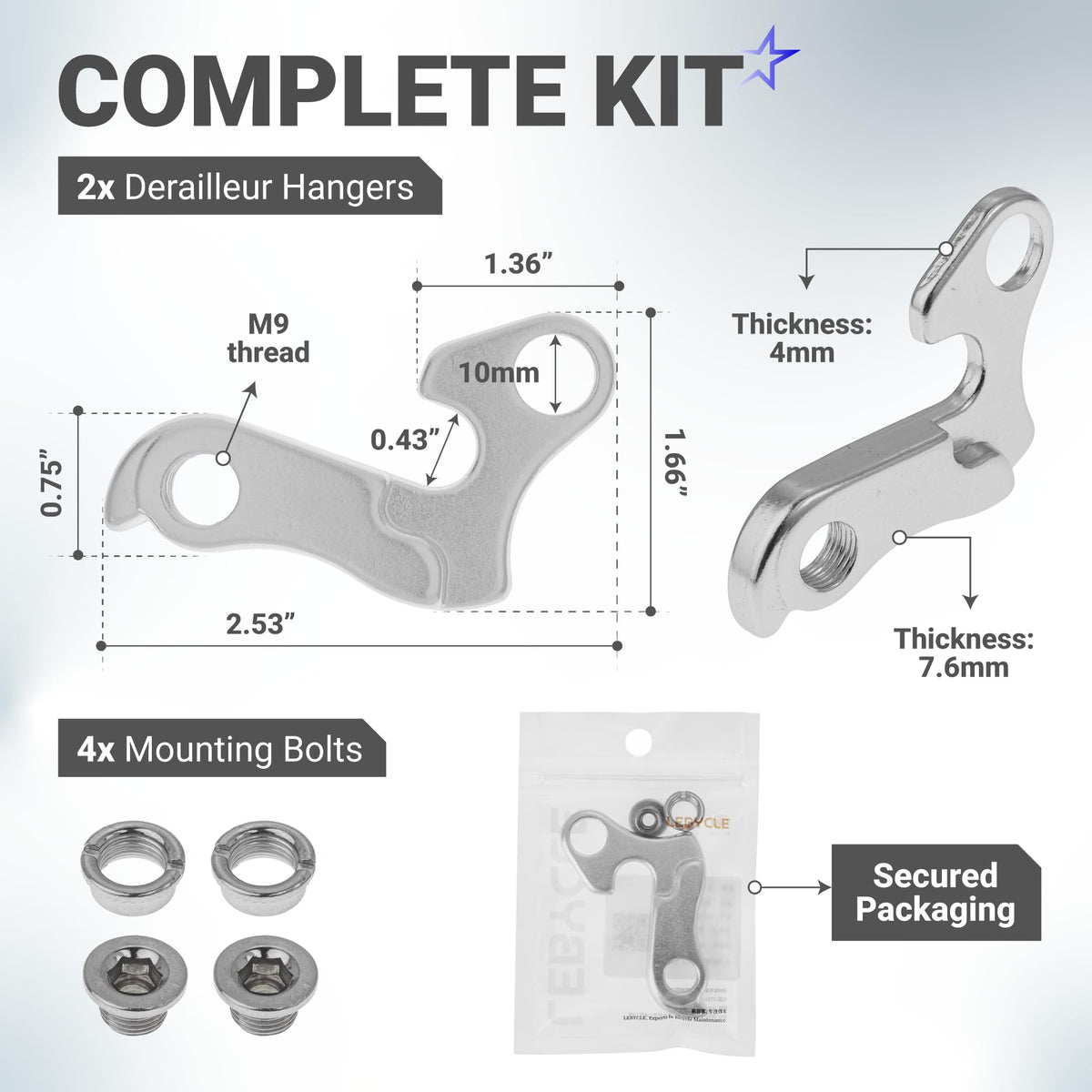 Technical diagram showing dimensions of two aluminum alloy bicycle derailleur hangers with four mounting bolts.