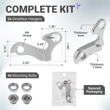 Technical diagram showing dimensions of two aluminum alloy bicycle derailleur hangers with four mounting bolts.
