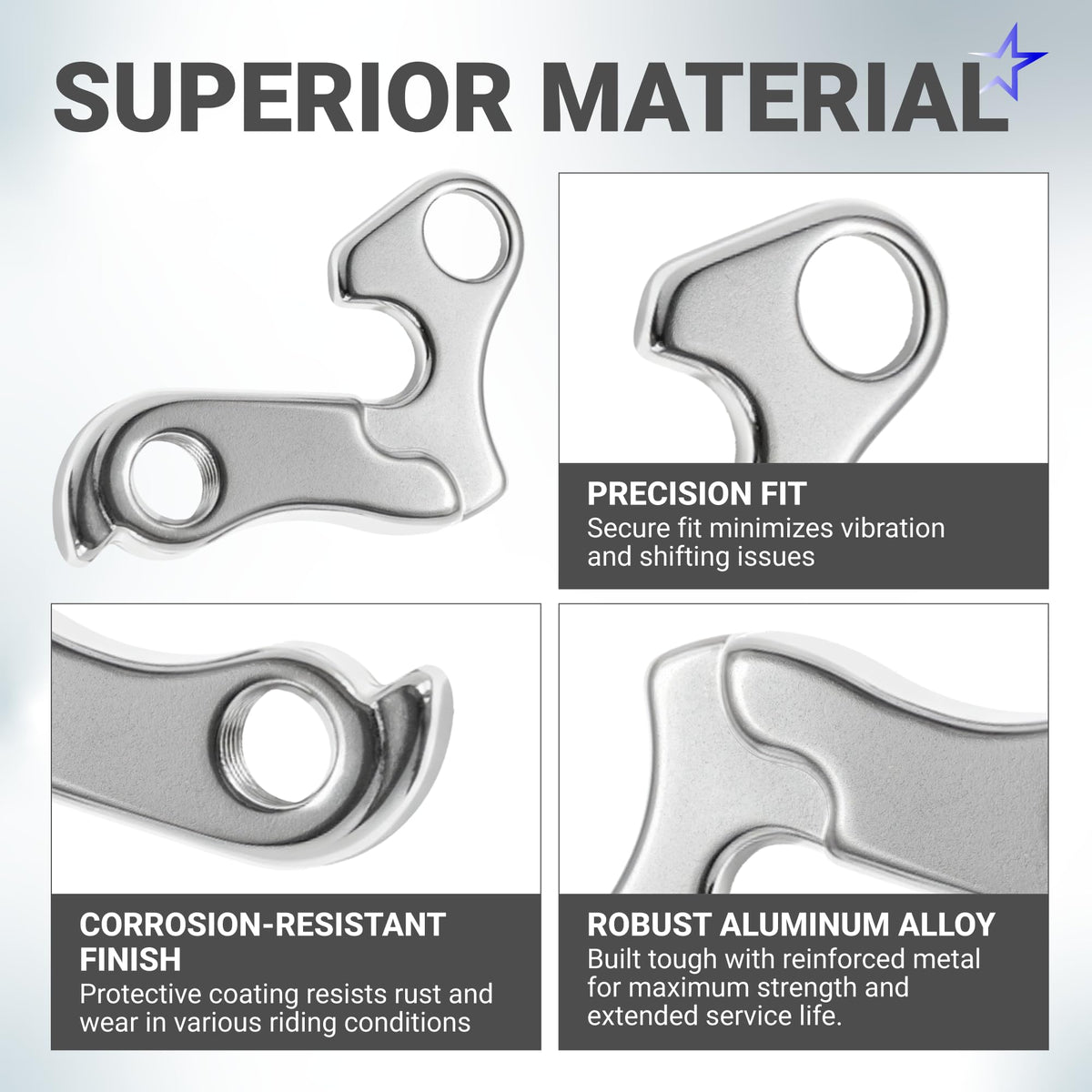 Infographic showing close-up details of an aluminum alloy bicycle derailleur hanger for precision and durability.