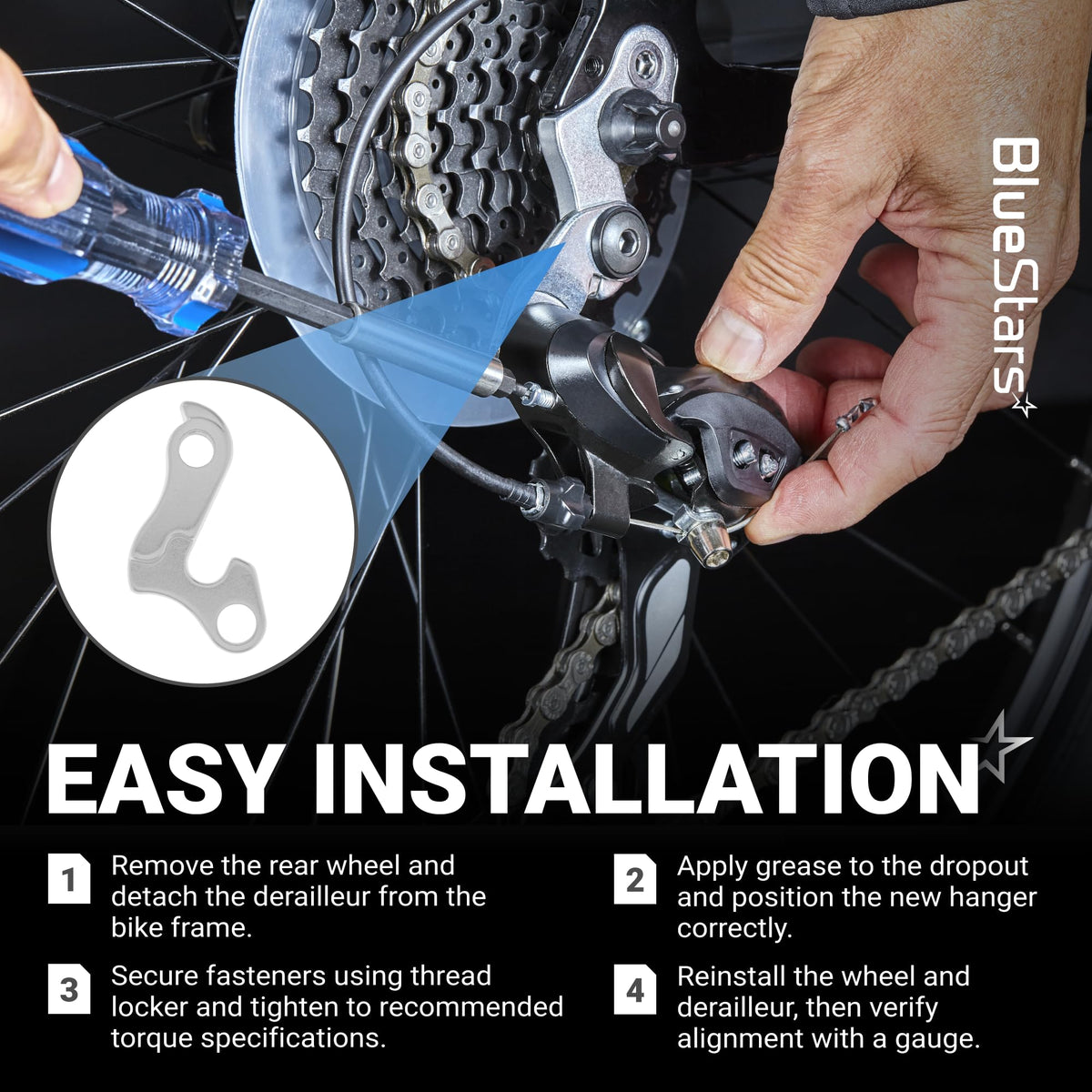 Installation guide for bicycle derailleur hanger showing steps to attach the bracket to a bike frame.