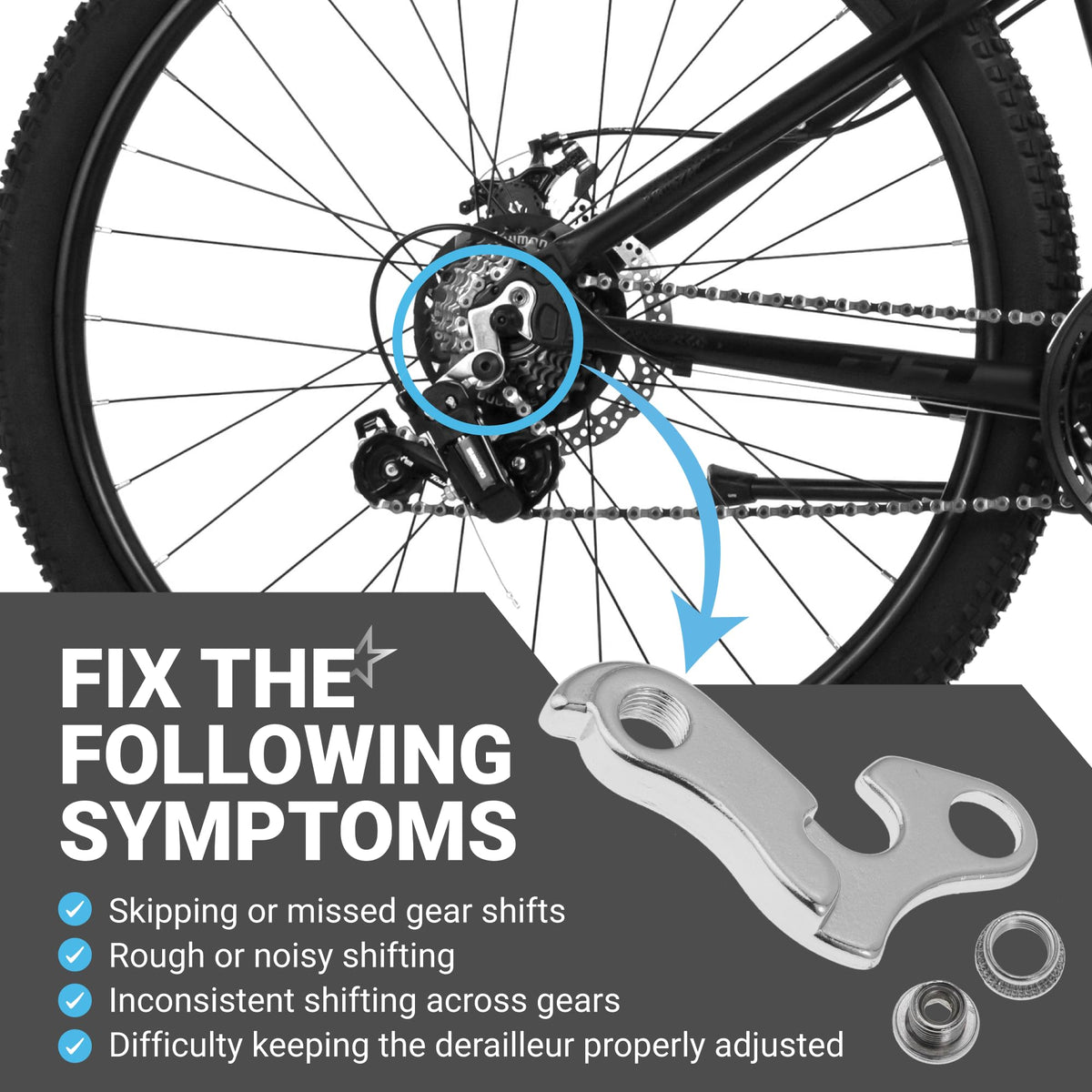 Aluminum alloy bicycle derailleur hanger showing installation location on a mountain bike frame.