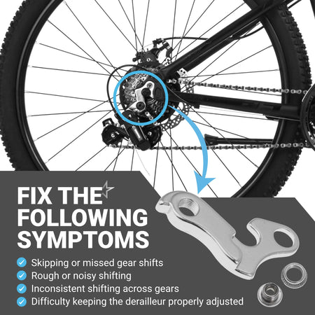 Aluminum alloy bicycle derailleur hanger showing installation location on a mountain bike frame.