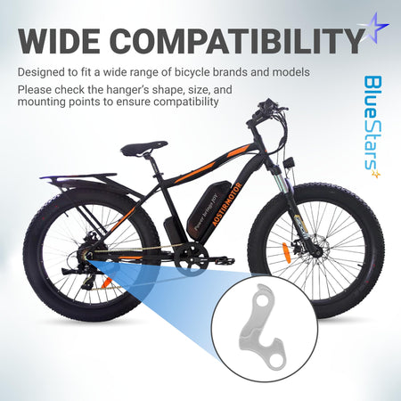 Bicycle derailleur hanger showing compatibility with mountain bike frame rear dropout mounting point.