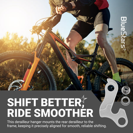 Aluminum alloy bicycle derailleur hanger for mountain bike frame gear alignment.