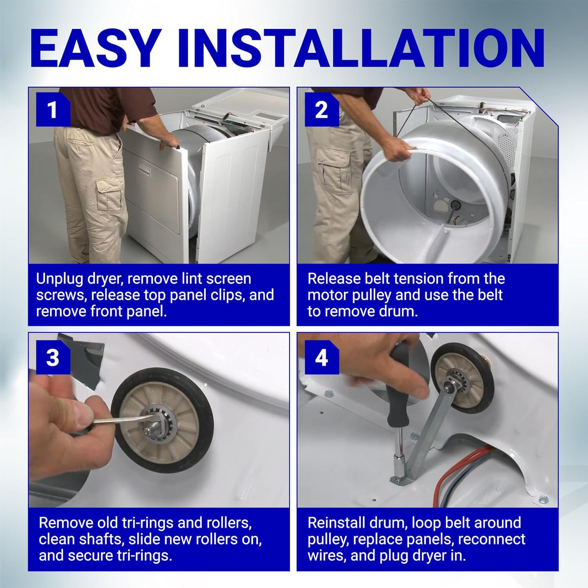 349241T Dryer Rear Drum Support Roller Kit - Four-panel installation guide for removing and replacing drum rollers