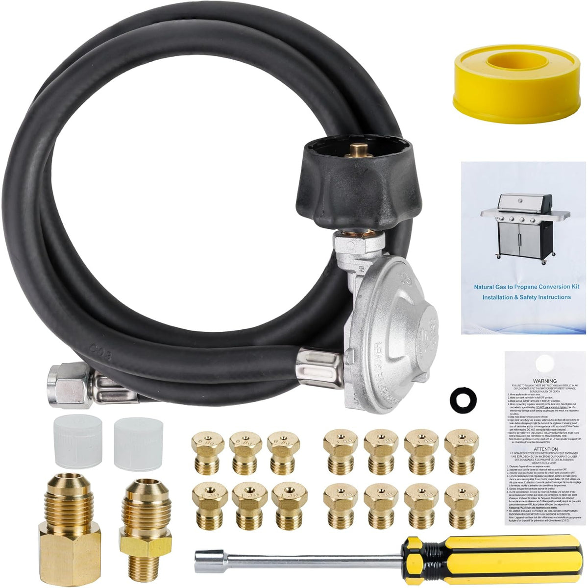 Natural Gas to Propane Conversion Kit Weber Genesis, hose, regulator, fittings, orifices, tape, screwdriver and instructions