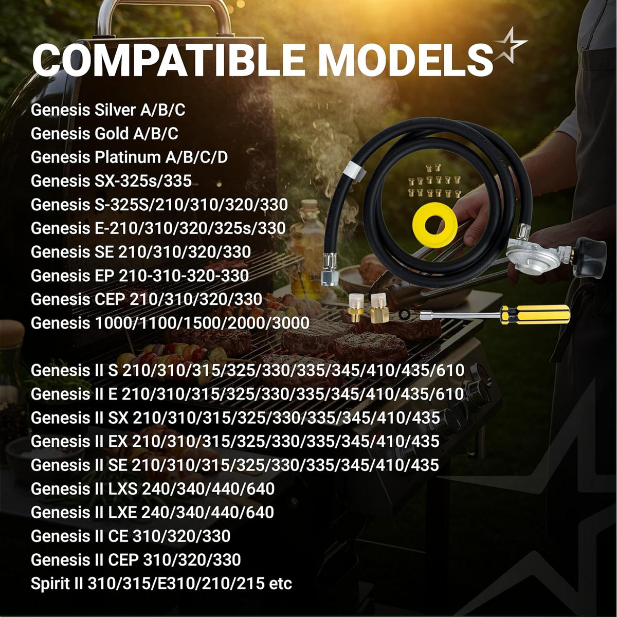 Natural Gas to Propane Conversion Kit Weber Genesis, compatible models list alongside hoses, regulator and fittings